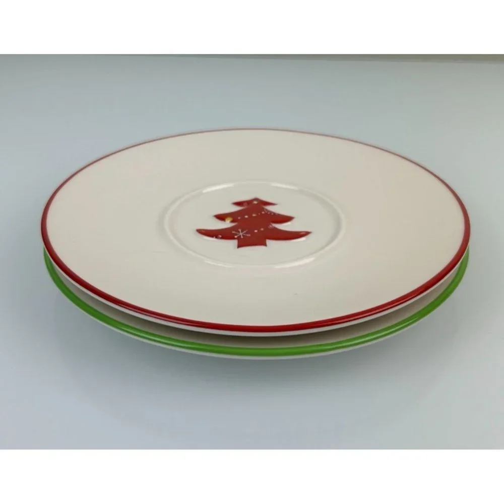 Starbucks 2006 Set of 2 Christmas Saucer Plates, Red Tree, Green Blue Stocking